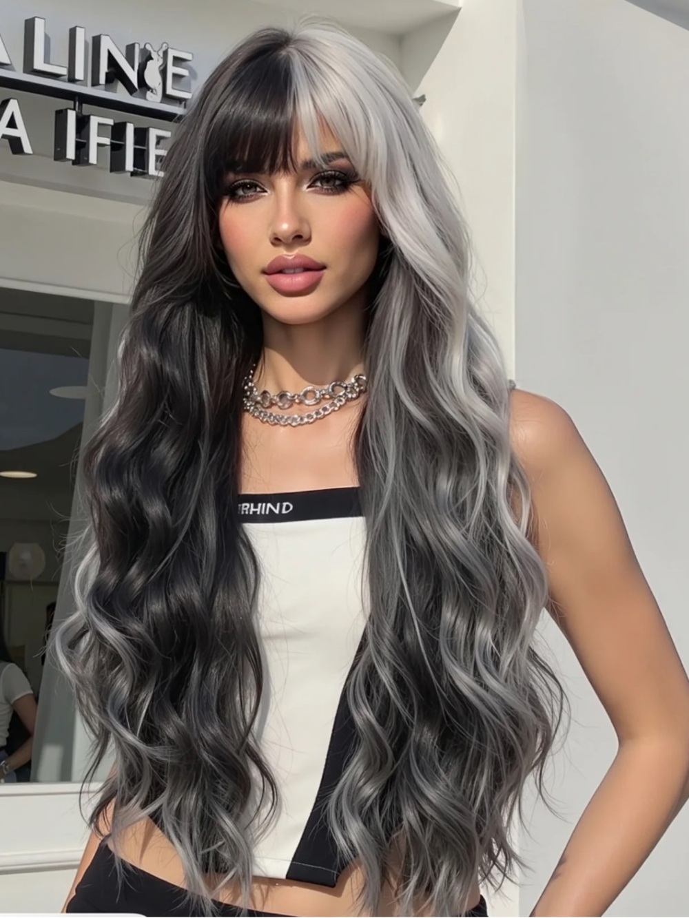 NEVER WORN - Long Wavy Two-Tone Black & Silver Women's Wig with Curtain Bangs